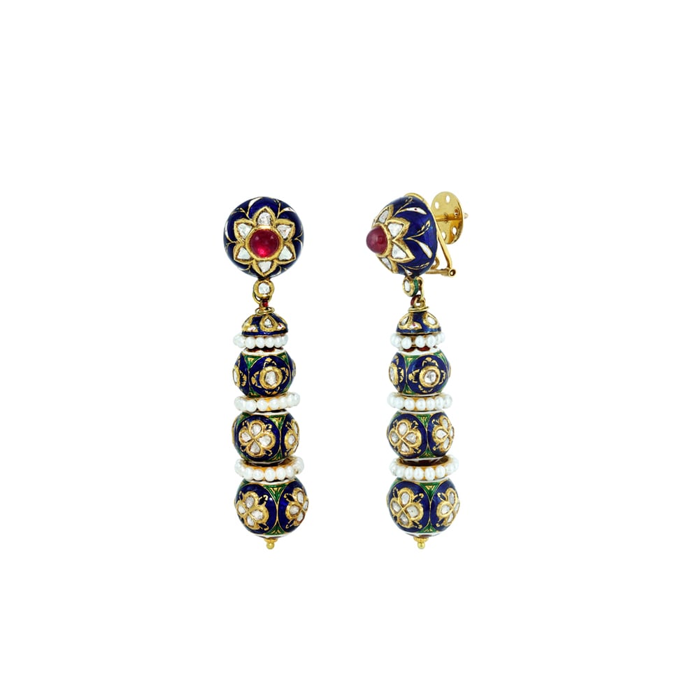 Floral Ruby Stud Earrings with Blue Meenakari and Polki Beads
